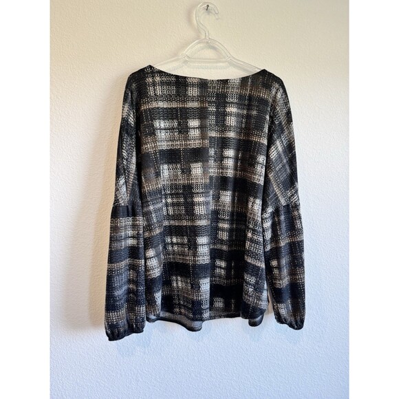 AGB Women's Black Plaid Boat Neck Sweater Boho Puff Sleeve Knit Size XL - Picture 7 of 10